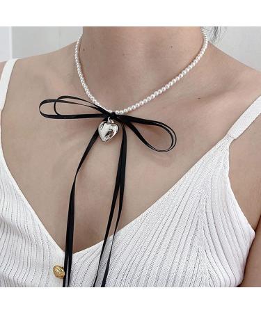 Oralgos Fashionable Heart Necklace with Loop | Adjustable Collarbone Chain | Imitation Pearls & Choker for Everyday Use Black - Buy Online on GoSupps.com