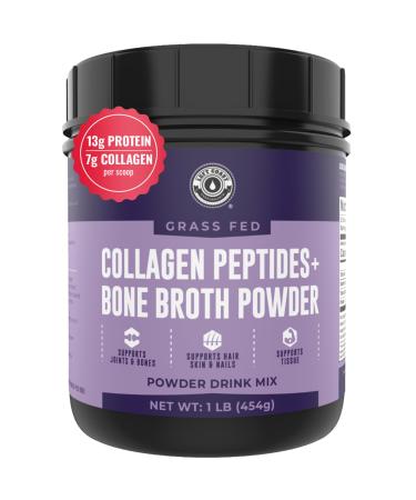 16oz Bone Broth Powder with Grass Fed Collagen Peptides - Unflavoured Zero Carb Dairy Free No Additives No Fillers - Natural Source Type I and III - Grass Fed Bone Broth Collagen Powder 1 Pound (Pack of 1)