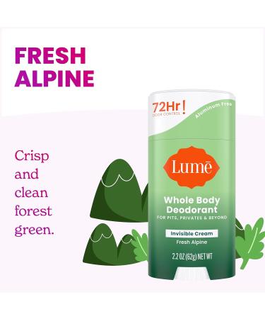 Lume Whole Body Deodorant - Invisible Cream Stick - 72 Hour Odor Control - Aluminum Free Baking Soda Free Skin Safe - 2.2 Ounce (Pack of 2) (Fresh Alpine) Fresh Alpine 2.2 Ounce (Pack of 2) - Buy Online on GoSupps.com