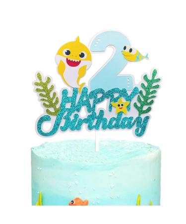 Cartoon Shark Baby 2 Cake Topper 2nd Birthday Boy Girl - Shark Cake Topper 2 for Baby Kids Second Birthday Shark Theme Party Decorations Supplies Blue