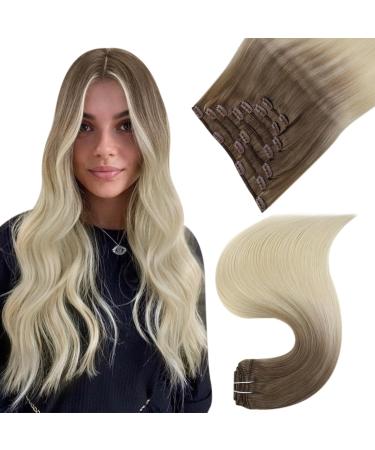 Easyouth extensions clip in real hair balayage blond clip hair extension real hair of course clip in hair extensions platinum blonde mix light brown 20 inch 120g balayage #8/60 50.8 cm 1-14 cp #8/60 7PCs