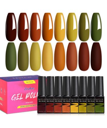 LILYCUTE Fall Winter Gel Nail Polish Set,8 Colors Brown Orange Halloween Gel Polish Set Fall Green Burgundy Thanksgiving Nail Gel Polish Set Soak Off LED Nail Lamp Required Gel Nail Kit Gift for Women Pumpkin Caramel Series