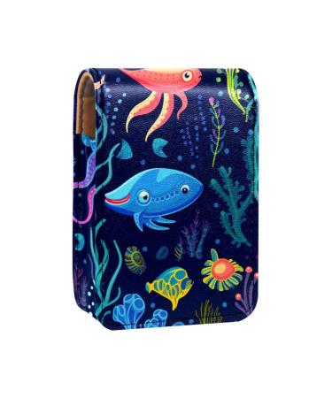 Lipstick Case Leather Lip Gloss Lipstick Organizer with Mirror Mini Lipstick Holder Bag Underwater Pattern with Whale Ocean Y025c4obku