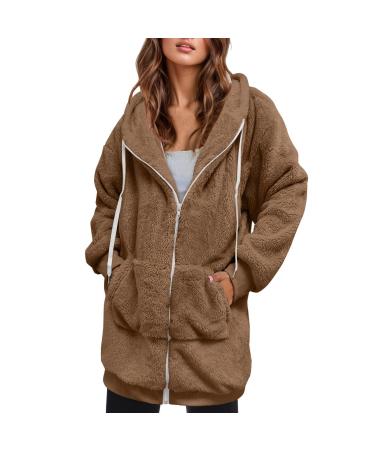 Yihaojia Womens Fleece Zip Up Jacket with Pockets Fluffy Oversized Hoodie Sherpa Long Winter Teddy Coat Khaki#50 5X-Large