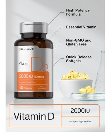 Horbaach Vitamin D3 2000IU Softgels | 150 Count | 50mcg Cholecalciferol | Non-GMO & Gluten Free Supplement - Buy Online on GoSupps.com