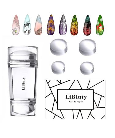 LiBiuty Nail Art Stamper, Dual Head Clear Jelly Nail Polish Transfer Stamper with Extra 4Pcs Silicone Heads & 1 Scraper Nail Stamping Tool Nail Stamper Set