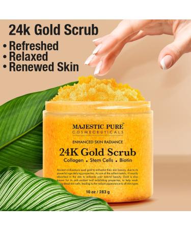 Majestic Pure 24K Gold Scrub with Biotin, Collagen, Vitamin E & Stem Cell - Exfoliating Body Scrub and Skin Moisturizer - Natural Pore Cleanser and Exfoliator - 10oz for Men and Women - Buy Online on GoSupps.com