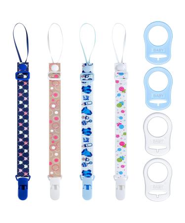 Aolso Baby Dummy Pacifier Holder Clip Adapter 4pcs Baby Pacifier Chain with 4pcs Adapters Silicone Ring Adapter Baby Pacifier Holder Soother Clip Chain Straps with Plastic Clasp Baby Teething Toys 4pcs-blue/white