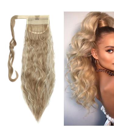 20 Inch Real Long Corn Wave Ponytail Clip in Hair Extensions Magic Paste Wavy Wrap Around Ponytail Hairpiece for Women Sandy Blonde & Bleach Blonde Sandy Blonde & Bleach Blonde 20 Inch