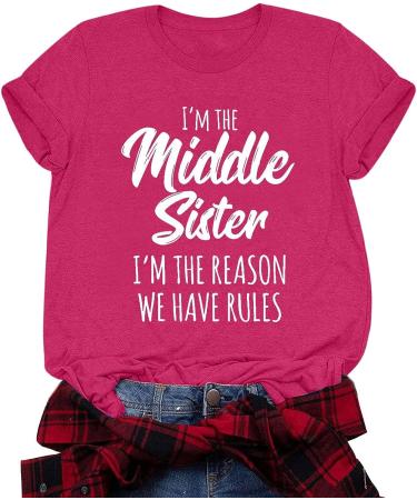 TUNUSKAT Middle Sister T-Shirt - Funny Letter Print Cotton Blouse in Hot Pink | Women's Casual Short Sleeve Top - Buy Online on GoSupps.com