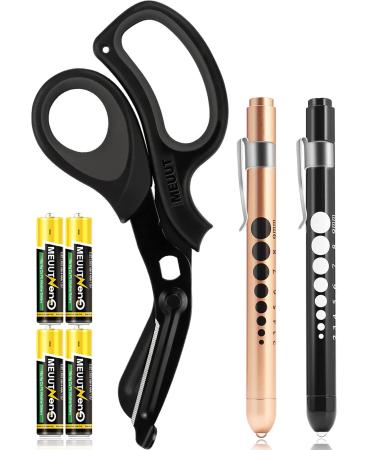 MEUUT 3 Pack Medical Scissors and penlights for Nurses with Four Batteries-One 8 Patented Trauma Scissor Bandage Scissor Two LED Pen lights for Nurse Doctor EMT First Aid Black Scissor+black&gold Penlight