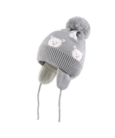 LANGZHEN Toddler Kids Infant Winter Hat Earflap Knit Warm Cap Fleece Lined Beanie for Baby Boys Girls 2-4 Years Light Grey-Bear