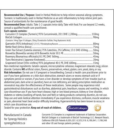 Synergy Holistics | Inflame Ease Synergy - Joint Pain & Seasonal Allergy Relief - NRF2 Supplement - Curcumin C3 Complex Quercetin Trans-Resveratrol Nettle Rosemary - 9 Synergistic Anti-Inflammatory Ingredients -100 Veg Caps - Buy Online on GoSupps.com