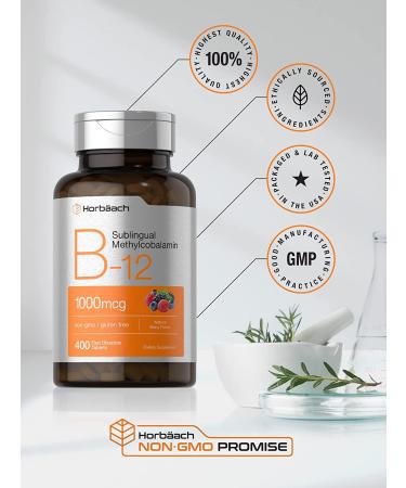 Vitamin B12 Sublingual 1000 mcg | 400 Fast Dissolve Tablets | Methylcobalamin Supplement for Adults | Natural Berry Flavor | Vegan, Vegetarian, Non-GMO | Gluten Free by Horbaach - Buy Online on GoSupps.com