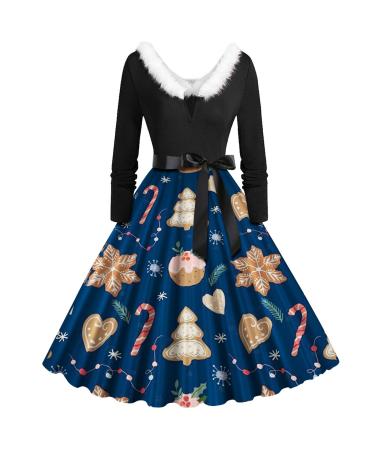 Christmas dress ladies dress winter Christmas topic mini dress slim fit party shirt dresses blouse dresses sweatshirt dress o-neck Christmas nice moose snow man snowflake printing club clothes dark blue s