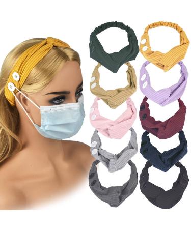 10 PCS Headband with Buttons for Face Mask, Headbands for Women Knotted Boho Stretchy Hair Bands, Lightweight Elastic Exercise Headband for Nurses Doctors and Women for Protect Your Ears. A-10 color Headband with Buttons