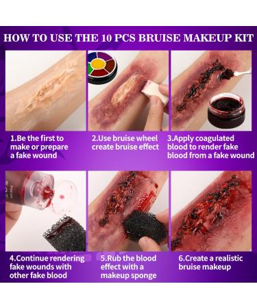 Wound Bruise SFX Halloween Makeup Kit - 6 Color Oil Based Face Paint Edible Fake Blood Dark Coagulated Scar Gel 7 Sponges for Stage & Cosplay - Buy Online on GoSupps.com