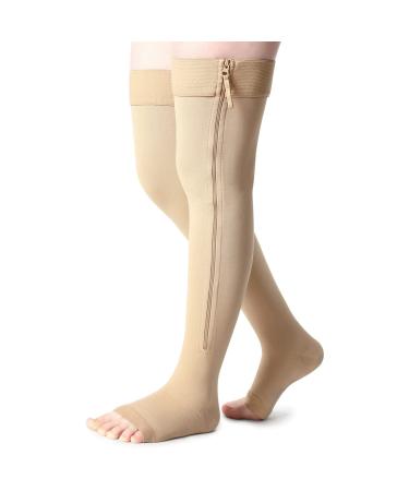 Newcotte Open Toe Zipper Compression Socks Thigh High 20-30mmhg Graduated Compression Stockings with Zipper Open Toe Thigh High Compression Stockings for Women Men Swelling Edema XL