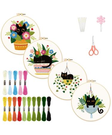 INFUNLY 4 Pack Embroidery Starter Kit Black Cat Cross Stitch Kit with Instructions DIY Beginner Plant Embroidery Set with Plastic Embroidery Hoops Threads and Needles for Beginners Adults DIY Craft