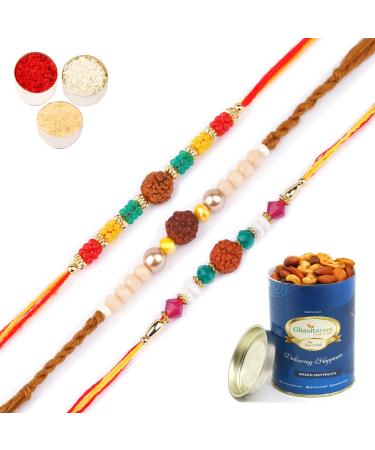 Ghasitaram Gifts Rakhi for Brother Rakhis Online - Set of 3-1986 1988 1908 Rudraksh Rakhis with 100 GMS of Dryfruits Mix Can