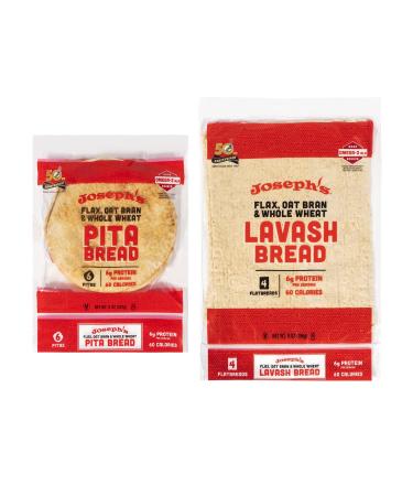 Joseph's 2-Pack Value Variety Bundle, Flax Oat Bran Whole Wheat Lavash Bread (4 Lavash Squares Total) and Pita Bread (6 Pita Loaves Total), Fresh Baked 2 Piece Assortment
