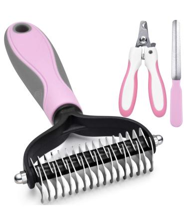 GOESWELL Pet Deshedding Brush - Undercoat Rake for Dogs & Cats - Double Sided Brush for Shedding and Dematting Comb Grooming Tool kit - Nail Clippers & Nail File Pink(3 Pack)