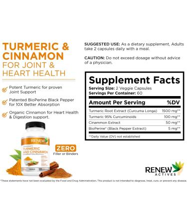 Renew Actives Organic Turmeric & Cinnamon Capsules - With Curcumin & BioPerine Black Pepper for Faster Absorption - Promotes Metabolism & Healthy Digestion- 120 Capsules (2pks) 120 Count (Pack of 2) - Buy Online on GoSupps.com