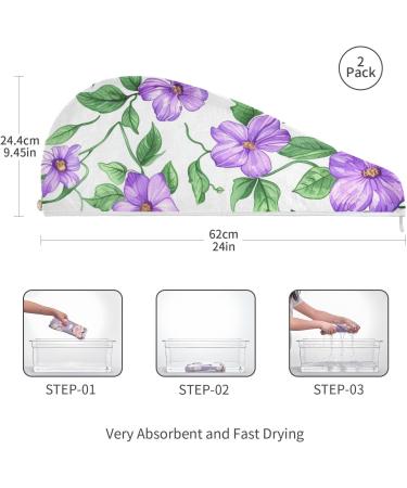 Purple Flowers & Green Leaves Hair Towel 2 Pack | Super Absorbent Quick Dry Turbans for Women & Girls - Buy Online on GoSupps.com
