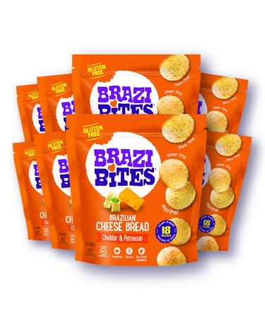 Brazi Bites Gluten-Free Brazilian Cheese Bread: Cheddar & Parmesan | Vegetarian Frozen Bread Snacks | Soy-Free | No Artificial Ingredients | No Preservatives | 11.5 oz. pouches (8-pack) Cheddar & Parmesan 11.5 Ounce (Pack of 8)