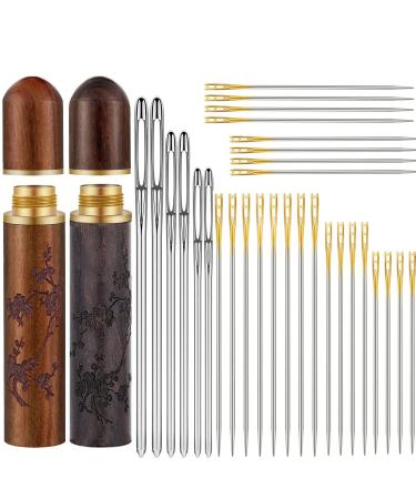 Fbshicung 24 Pieces Self Threading Needles Double Hole Needles 6 Pieces Large Eye Stitching Needles Sewing Needles with 2 Pieces Wooden Needle Case Carving Pattern Case for Sewing Embroidery