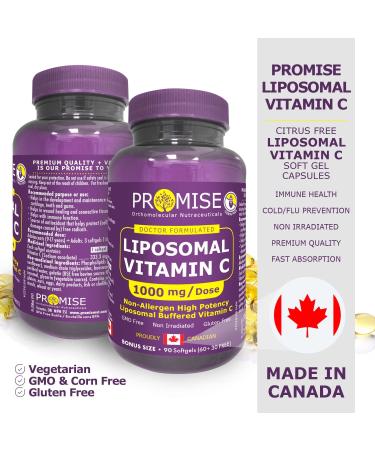 Promise Liposomal Vitamin C 1000 mg - 90 Soft Gels - Superior Immunity Support & Collagen Production - Enhances Skin Muscle & Joint Health - Canadian-Made for Antioxidant Protection & Radicals Defense - Buy Online on GoSupps.com