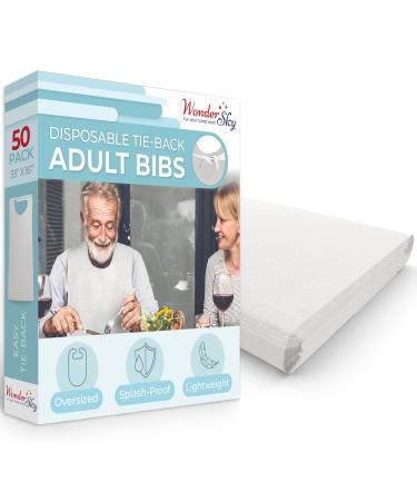 Disposable Adult Bibs for Eating, White Large Tie Back Apron Bib for Senior Men and Elderly Women 50-pack White