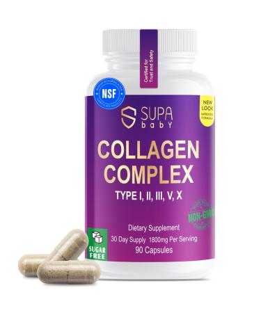 SUPABABY Premium Collagen Complex for Women - 1800mg Multi Collagen Types I II III V X Non-GMO & Sugar Free 90 Capsules (30 Day Supply) - Support Skin Elasticity & Joint Care
