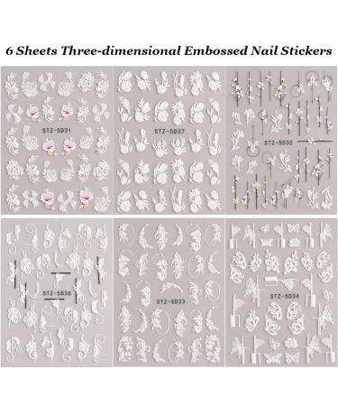 5D Embossed Nail Art Stickers: Engraved Flowers, Butterflies, French Tip Designs - 6 Sheets Summer Decals for Acrylic Nails - Buy Online on GoSupps.com