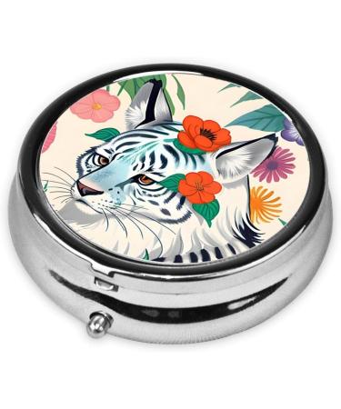 Cute White Tiger Round Pill Box | 3 Compartment Travel Organizer for Purse & Pocket - Buy Online on GoSupps.com