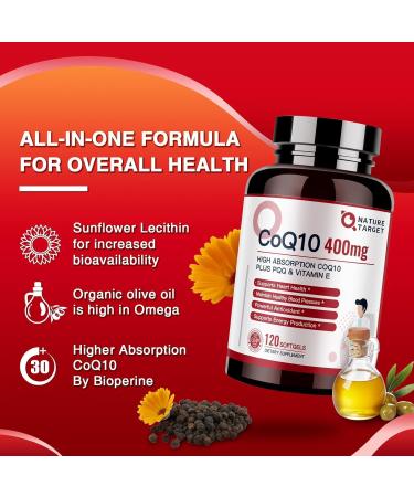 NATURE TARGET CoQ10-400mg Plus PQQ with Vitamin E & Organic Olive Oil - Coenzyme-Q10 with BioPerine - High Absorption Antioxidant-for-Heart-Health and Energy Production 120 Servings - Buy Online on GoSupps.com
