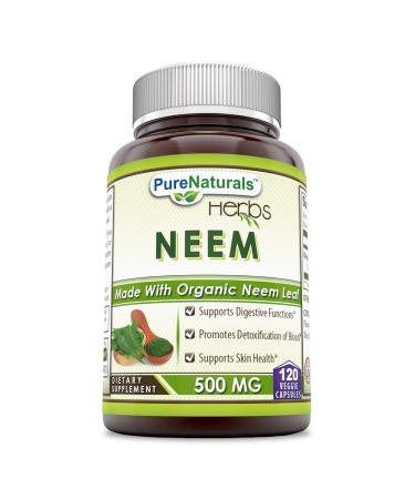 Pure Naturals Neem 500 Mg, 120 Veggie Capsules, Supports Digestive Functions, Promotes Detoxification of Blood, Supports Skin Health 120 Count (Pack of 1)