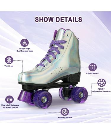 YYW Double Roller Skates - Purple Glossy Flash | High-top PU Leather Skates for Women Men with Light up Wheels | Adjustable Sizes for Adult Girls Beginners - Buy Online on GoSupps.com