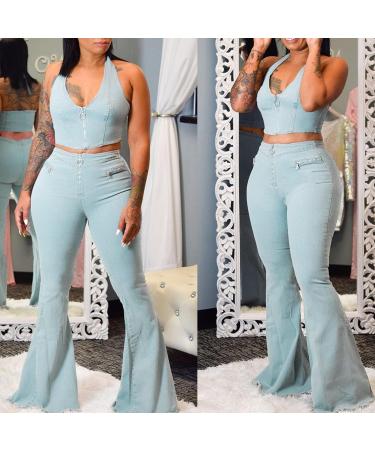 Women's Two Piece Zipper Halter Tank Top and Denim Flare Pants Set - Blue, Size Small - Buy Online on GoSupps.com