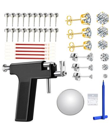 Reusable Ear Piercing Kit, Professional Salon Peircings Gun Tools With Silver Earrings Set For Home Self Body Nose Lip Earrings Piercing Kit with 18 Pairs Stud Earrings (Black)