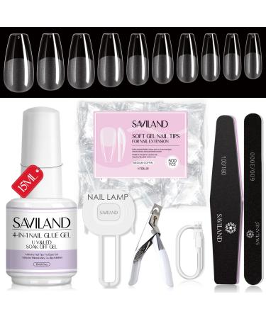 Saviland Gel X Nail Kit  Nail Tips and Glue Gel Kit with 36W Curing Lamp 4-in-1 Nail Glue Gel 15ml 500PCS Soft Full Cover Medium Coffin Nail Tips LED Light Nail Design Kit for Nail Extension Home DIY Nail Art Manicure Gift for Women B - Medium Coffin