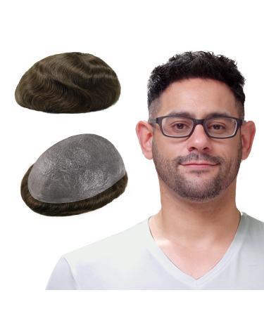 Lordhair Toupet real hair men wig men 0.03 mm thin leather base 20 * 25 cm light hair replacement system medium density toupet of course tightly taut elegant and beautiful medium brown 5#