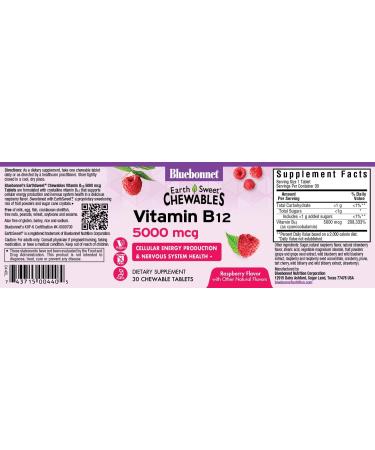 Bluebonnet Nutrition Vitamin B12 5000 mcg Chewable Tablets - Vegan Raspberry Flavored, Soy-Free, Gluten-Free, Kosher Certified - 30 Count Pack - Buy Online on GoSupps.com