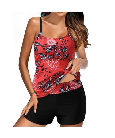 Tummy Control Swimsuits for Women Sale Clearance Two Piece Swimsuit Ruffled Tankini Set Tank with High Waisted Bottom Bathing Suit Ladies Tummy Control Sports Swimwear Beach Wear 3849-xdgde-g-red L