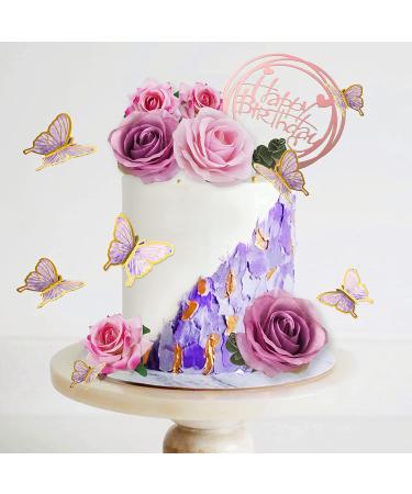 19 PCS Flower Cake Toppers | Butterfly Cake Decorations | Happy Birthday Toppers with Artificial Roses and Eucalyptus | Wedding Baby Shower Supplies (Purple) - Buy Online on GoSupps.com
