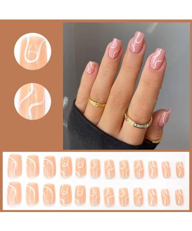 Justotry 24 Pcs White Swirl Fake Nails - Long Nude Press-On Nails with Wavy Patterns - Ballerina Stick-On Nails for Women - Acrylic Coffin False Nails with Glue - Nail Art - Buy Online on GoSupps.com