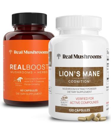 Real Mushrooms RealBoost (60ct) and Lions Mane (120ct) Capsules Bundle - Mushroom Supplement for Energy Vitality & Cognition - Energy & Brain Vitamins w/Cordyceps Ginseng Guayusa - Vegan Non-GMO