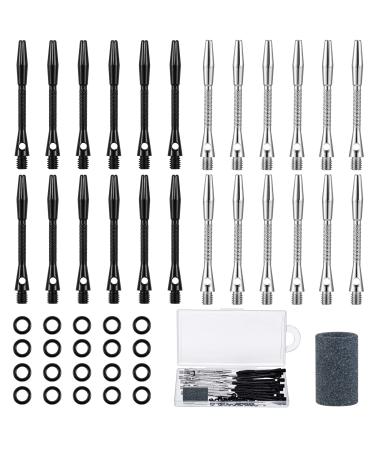 24 Pieces Aluminum Dart Shafts Shafts for Darts Steel Tip Soft Tip Dart Accessories 1.97 Inches Hard Metal Dart Stems with Rubber O Rings Darts Sharpener for Sports Outdoor Dart Flight Black, Silver