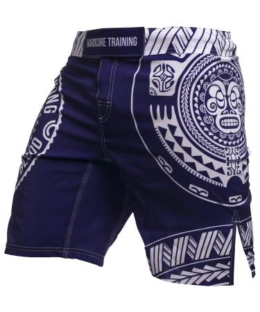 Hardcore Training Ta Moko Fight Shorts Men's Boxing MMA Combat BJJ Grappling Fitness Muay Thai Kickboxing No Gi Small Blue