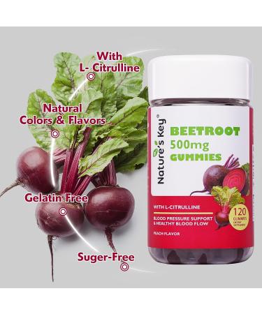 Nature's Key Beetroot Gummies | Sugar-Free Beet Root Chews with Hawthorn Extract and L-Citrulline | Promotes Blood Flow & Lowers Blood Pressure | Peach Flavor | 120 Count - Buy Online on GoSupps.com